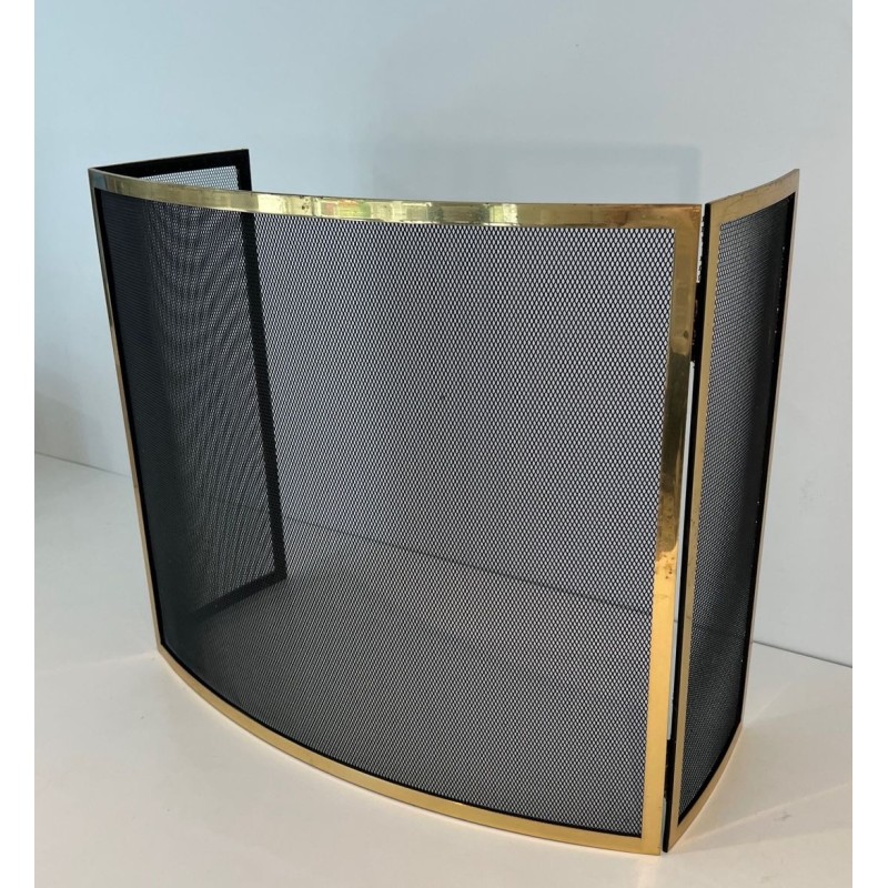 Design Three-Panel Curved Fireplace Screen in Polished Brass and Black Steel Mesh