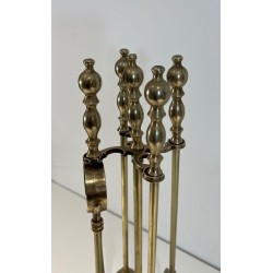 Neoclassical Style Brass Fireplace Companion Set with Stacked Ball Finials on Tripod Stand