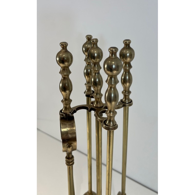 Neoclassical Style Brass Fireplace Companion Set with Stacked Ball Finials on Tripod Stand