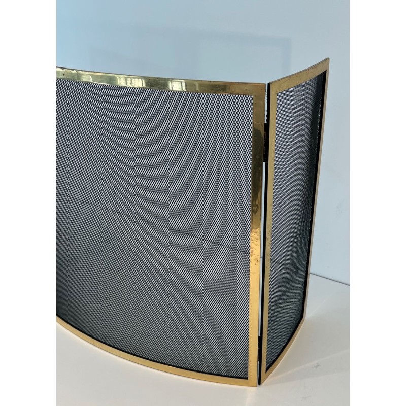 Design Three-Panel Curved Fireplace Screen in Polished Brass and Black Steel Mesh