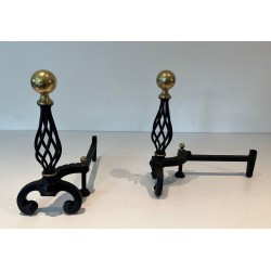 Pair of Wrought Iron Andirons with Spiral Cage Uprights and Brass Ball Finials. France. Circa 1970.