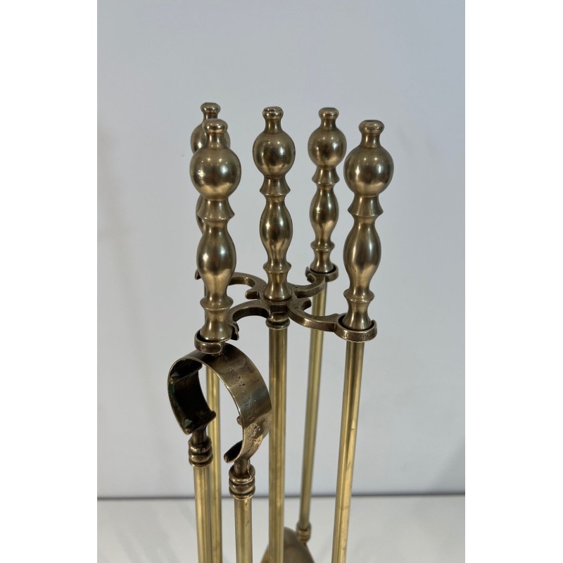 Neoclassical Style Brass Fireplace Companion Set with Stacked Ball Finials on Tripod Stand