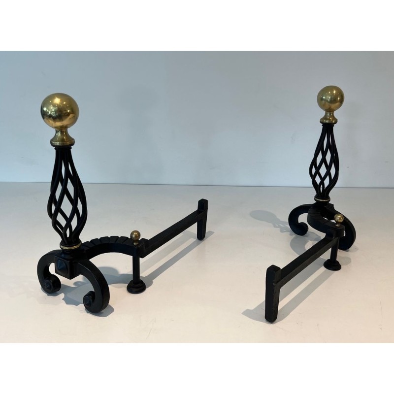 Pair of Wrought Iron Andirons with Spiral Cage Uprights and Brass Ball Finials. France. Circa 1970.
