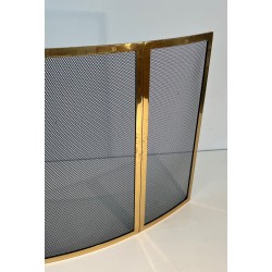 Design Three-Panel Curved Fireplace Screen in Polished Brass and Black Steel Mesh
