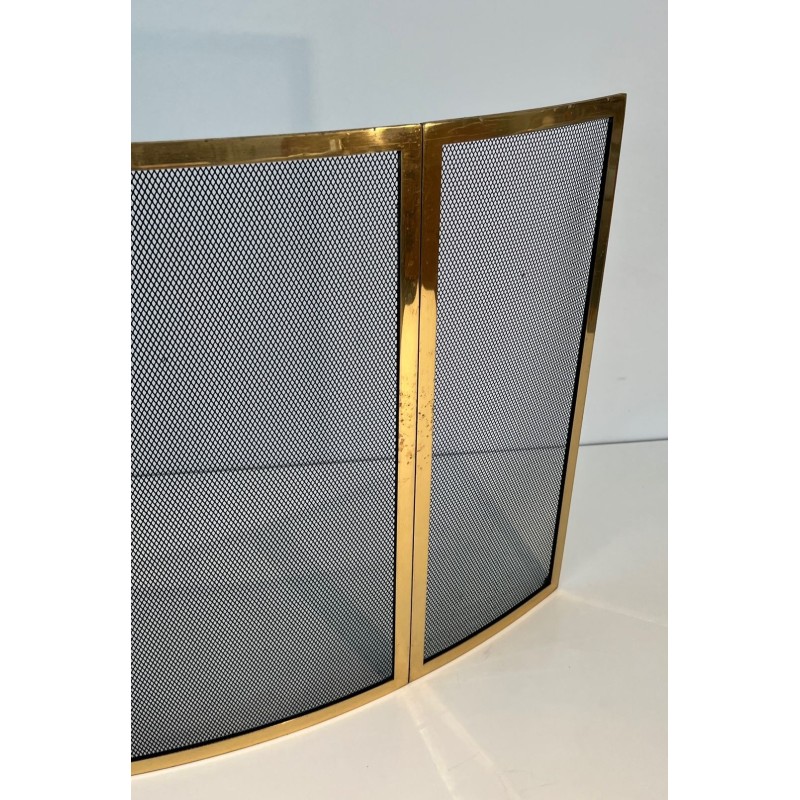 Design Three-Panel Curved Fireplace Screen in Polished Brass and Black Steel Mesh