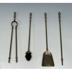 Neoclassical Style Brass Fireplace Companion Set with Stacked Ball Finials on Tripod Stand