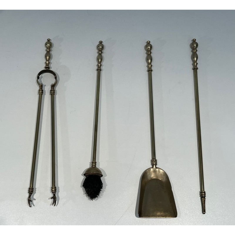 Neoclassical Style Brass Fireplace Companion Set with Stacked Ball Finials on Tripod Stand