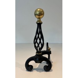 Pair of Wrought Iron Andirons with Spiral Cage Uprights and Brass Ball Finials. France. Circa 1970.