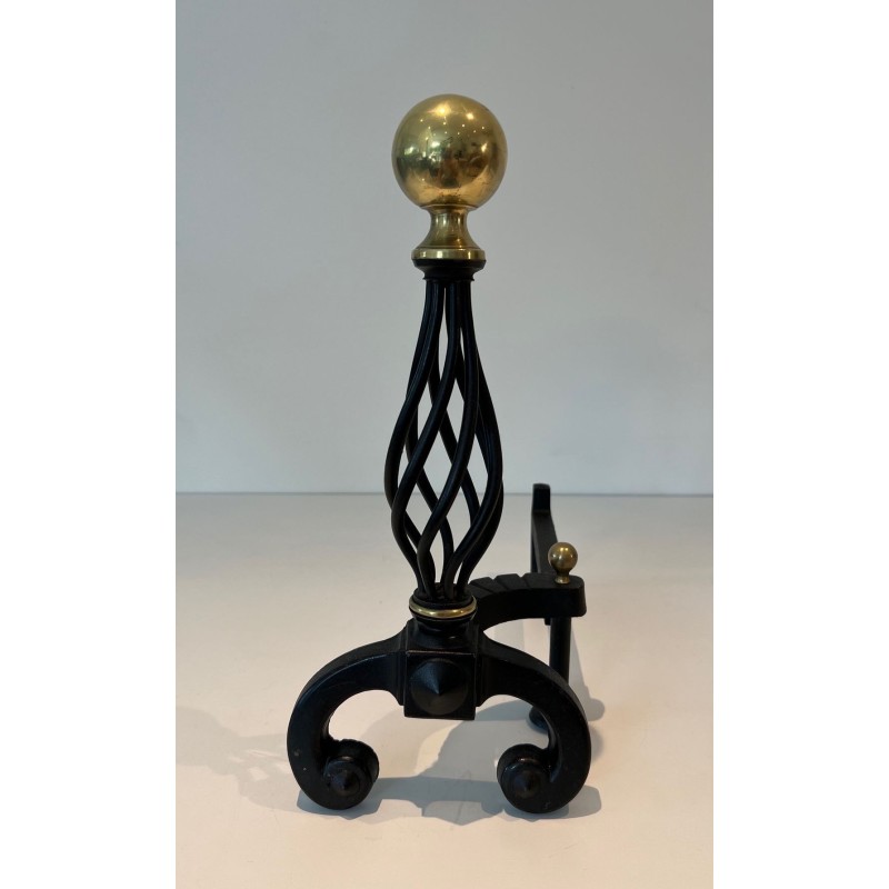 Pair of Wrought Iron Andirons with Spiral Cage Uprights and Brass Ball Finials. France. Circa 1970.