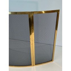 Design Three-Panel Curved Fireplace Screen in Polished Brass and Black Steel Mesh