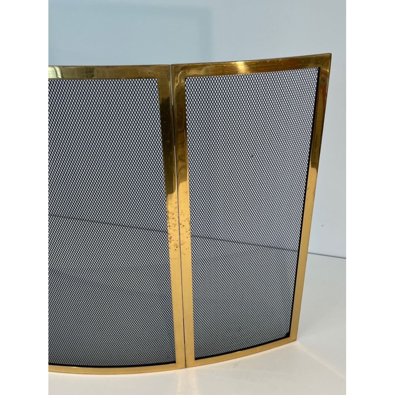 Design Three-Panel Curved Fireplace Screen in Polished Brass and Black Steel Mesh
