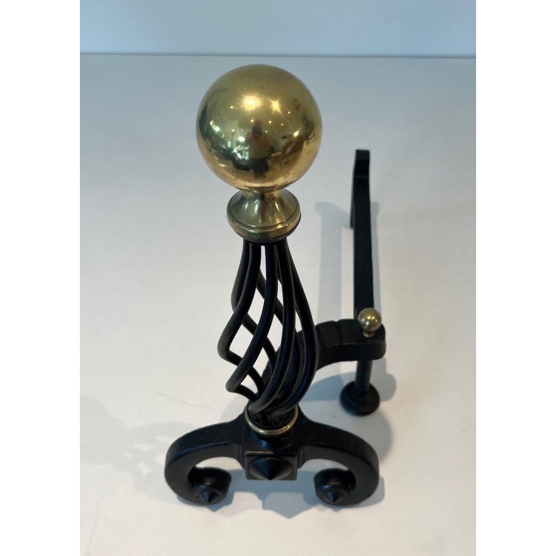 Pair of Wrought Iron Andirons with Spiral Cage Uprights and Brass Ball Finials. France. Circa 1970.
