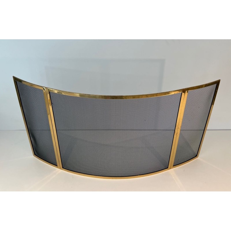 Design Three-Panel Curved Fireplace Screen in Polished Brass and Black Steel Mesh