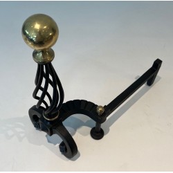 Pair of Wrought Iron Andirons with Spiral Cage Uprights and Brass Ball Finials. France. Circa 1970.