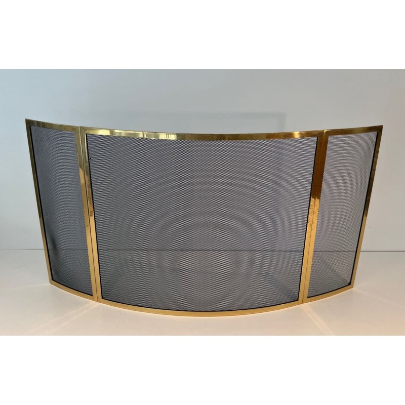 Design Three-Panel Curved Fireplace Screen in Polished Brass and Black Steel Mesh