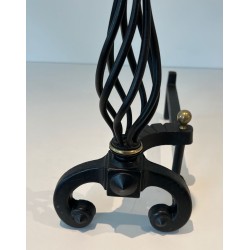 Pair of Wrought Iron Andirons with Spiral Cage Uprights and Brass Ball Finials. France. Circa 1970.