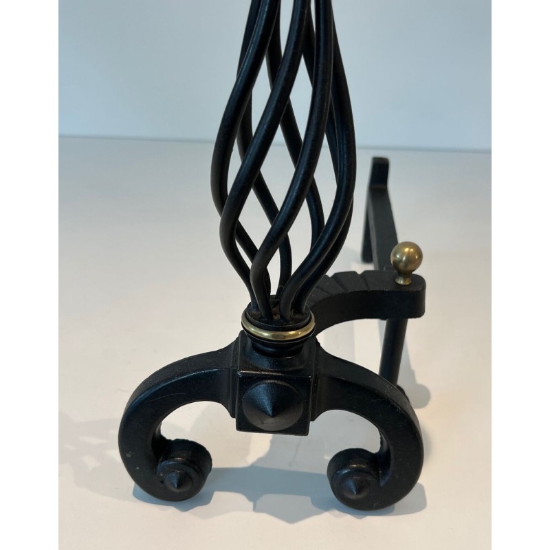 Pair of Wrought Iron Andirons with Spiral Cage Uprights and Brass Ball Finials. France. Circa 1970.