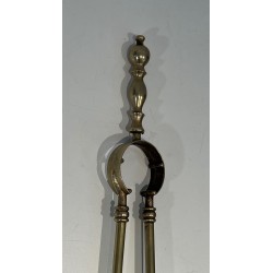 Neoclassical Style Brass Fireplace Companion Set with Stacked Ball Finials on Tripod Stand
