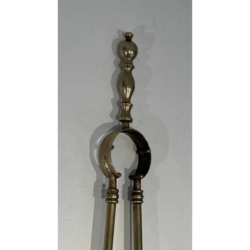Neoclassical Style Brass Fireplace Companion Set with Stacked Ball Finials on Tripod Stand