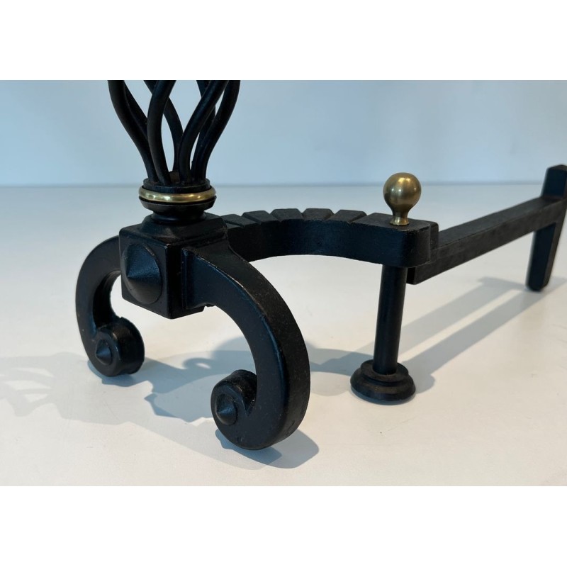 Pair of Wrought Iron Andirons with Spiral Cage Uprights and Brass Ball Finials. France. Circa 1970.