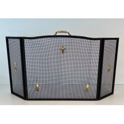 Neoclassical Style Three-Panel Expanded Steel Mesh Fireplace Screen with Brass Fleur-de-Lys. France. Circa 1940.