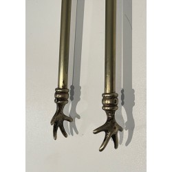 Neoclassical Style Brass Fireplace Companion Set with Stacked Ball Finials on Tripod Stand