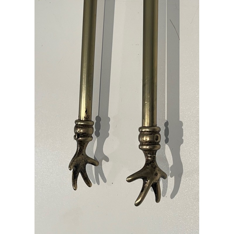 Neoclassical Style Brass Fireplace Companion Set with Stacked Ball Finials on Tripod Stand
