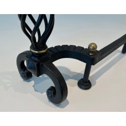 Pair of Wrought Iron Andirons with Spiral Cage Uprights and Brass Ball Finials. France. Circa 1970.