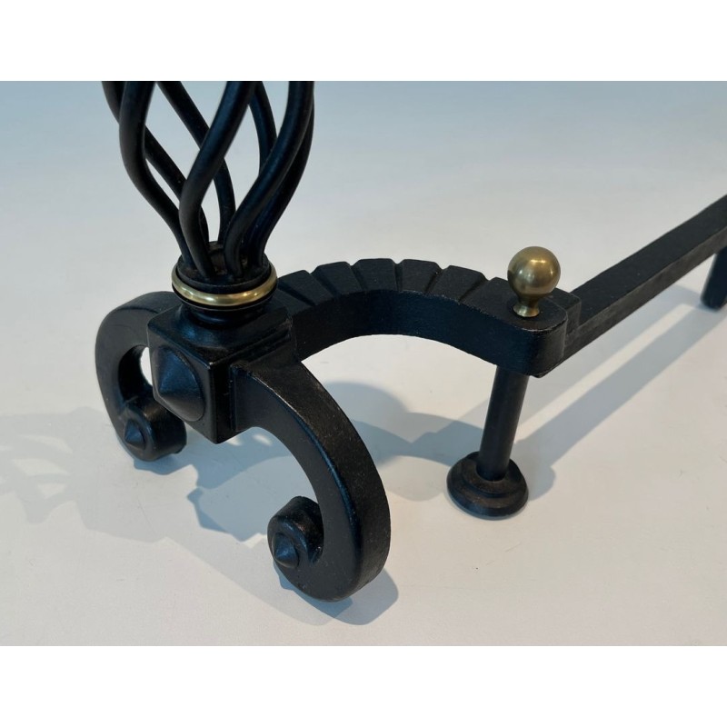 Pair of Wrought Iron Andirons with Spiral Cage Uprights and Brass Ball Finials. France. Circa 1970.