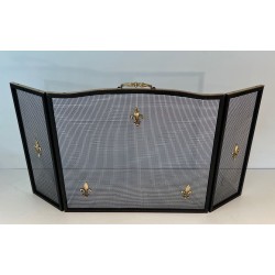 Neoclassical Style Three-Panel Expanded Steel Mesh Fireplace Screen with Brass Fleur-de-Lys. France. Circa 1940.