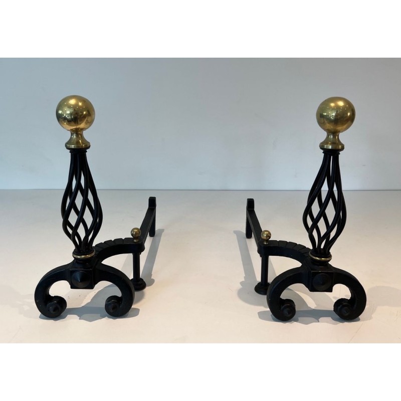 Pair of Wrought Iron Andirons with Spiral Cage Uprights and Brass Ball Finials. France. Circa 1970.