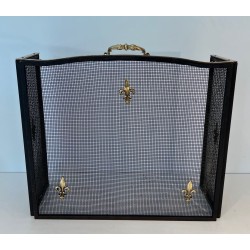 Neoclassical Style Three-Panel Expanded Steel Mesh Fireplace Screen with Brass Fleur-de-Lys. France. Circa 1940.