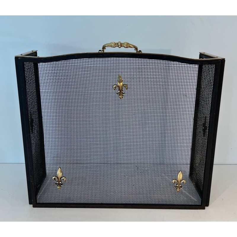 Neoclassical Style Three-Panel Expanded Steel Mesh Fireplace Screen with Brass Fleur-de-Lys. France. Circa 1940.