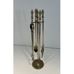 Neoclassical Style Brass Fireplace Companion Set with Stacked Ball Finials on Tripod Stand