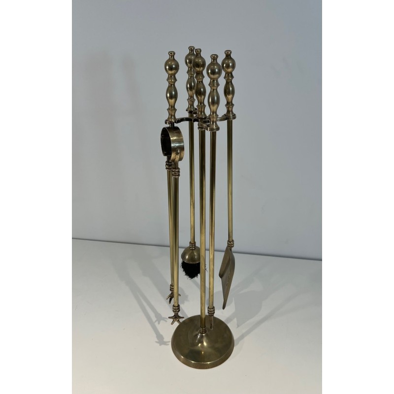 Neoclassical Style Brass Fireplace Companion Set with Stacked Ball Finials on Tripod Stand