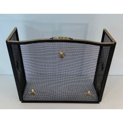 Neoclassical Style Three-Panel Expanded Steel Mesh Fireplace Screen with Brass Fleur-de-Lys. France. Circa 1940.