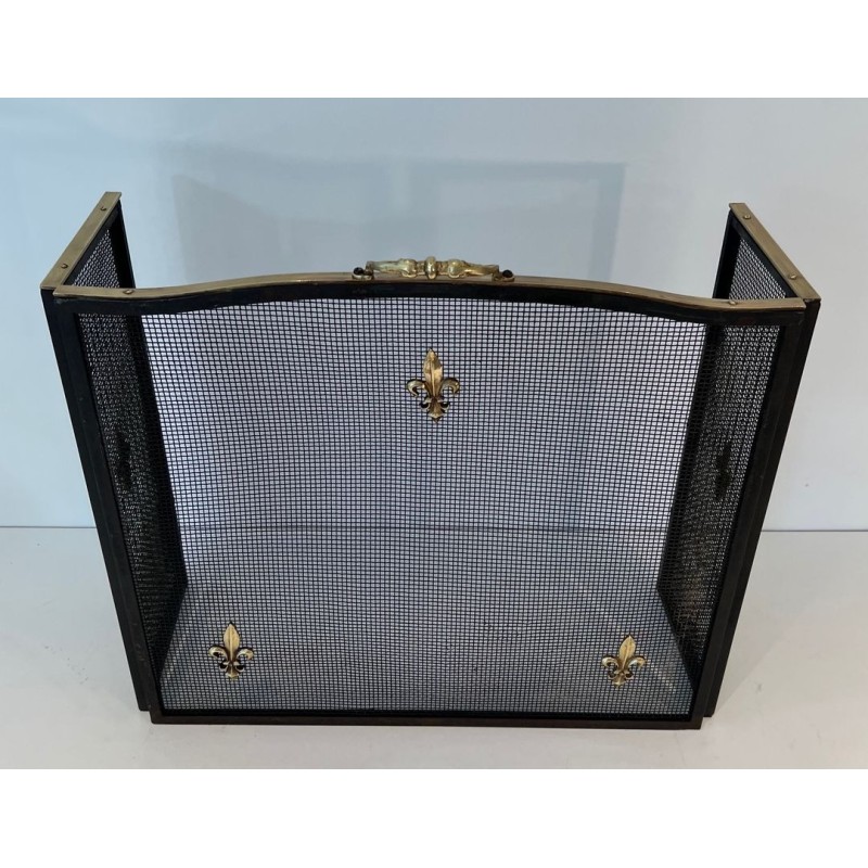 Neoclassical Style Three-Panel Expanded Steel Mesh Fireplace Screen with Brass Fleur-de-Lys. France. Circa 1940.