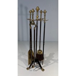 Brass and Brushed Steel Fireplace Companion Set with Claw Feet, Attributed to Maison Jansen. France. Circa 1940.