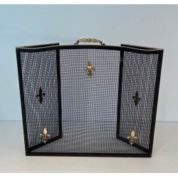 Neoclassical Style Three-Panel Expanded Steel Mesh Fireplace Screen with Brass Fleur-de-Lys. France. Circa 1940.