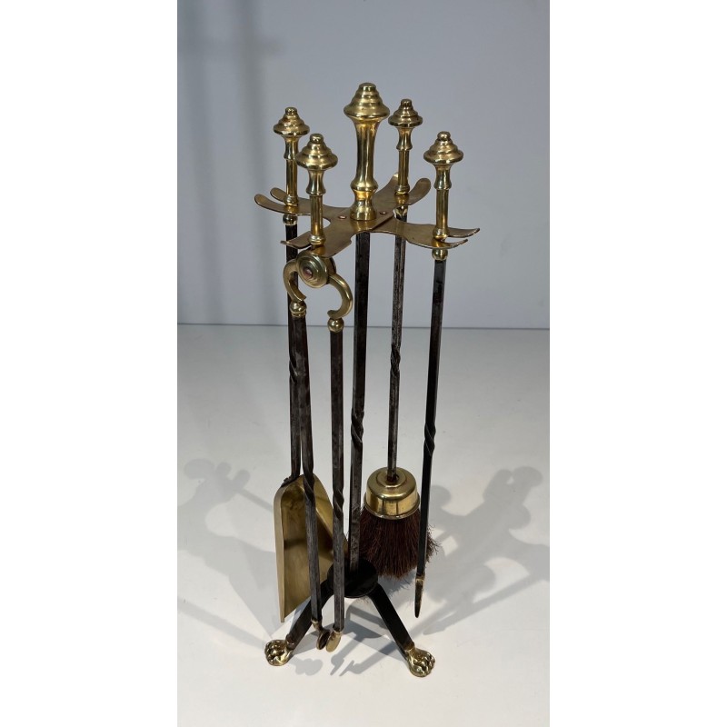 Brass and Brushed Steel Fireplace Companion Set with Claw Feet, Attributed to Maison Jansen. France. Circa 1940.