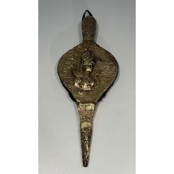 Louis XVI Style Fireplace Bellows in Embossed Brass with Female Figure. France. Circa 1900.