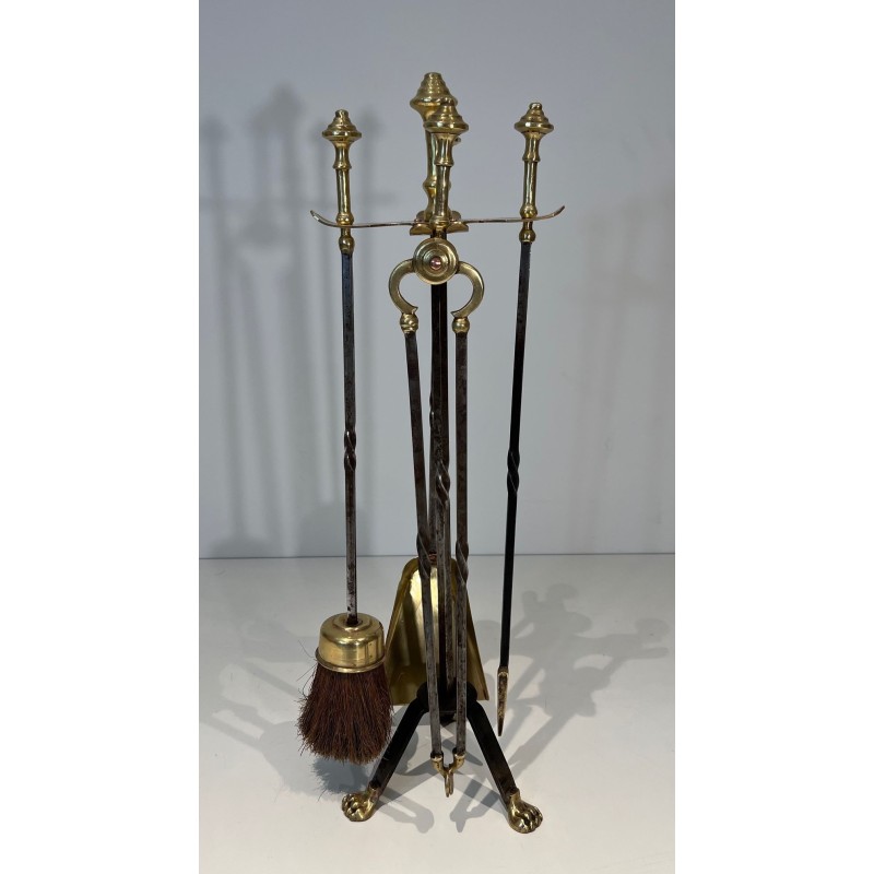 Brass and Brushed Steel Fireplace Companion Set with Claw Feet, Attributed to Maison Jansen. France. Circa 1940.