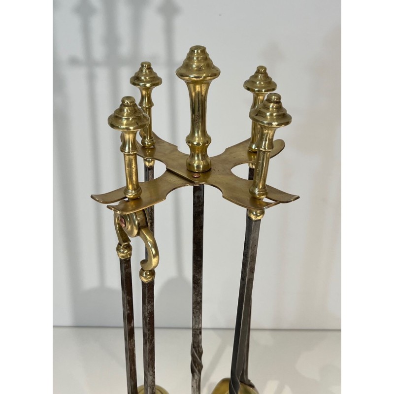 Brass and Brushed Steel Fireplace Companion Set with Claw Feet, Attributed to Maison Jansen. France. Circa 1940.