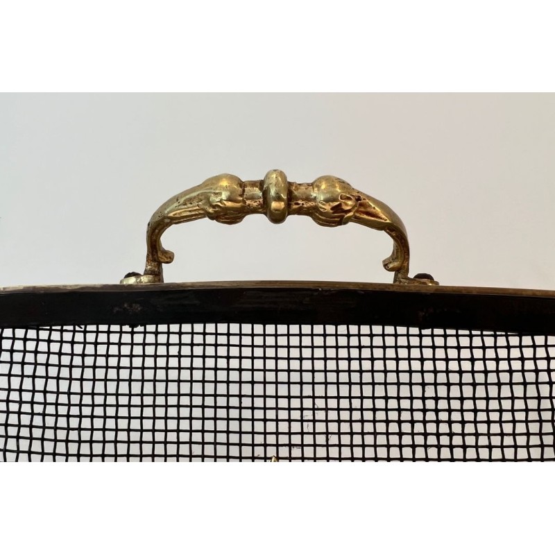 Neoclassical Style Three-Panel Expanded Steel Mesh Fireplace Screen with Brass Fleur-de-Lys. France. Circa 1940.