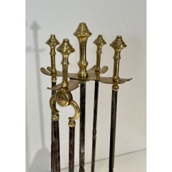 Brass and Brushed Steel Fireplace Companion Set with Claw Feet, Attributed to Maison Jansen. France. Circa 1940.