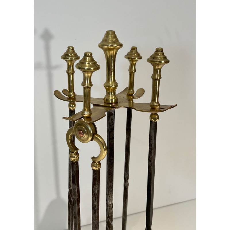Brass and Brushed Steel Fireplace Companion Set with Claw Feet, Attributed to Maison Jansen. France. Circa 1940.