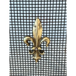 Neoclassical Style Three-Panel Expanded Steel Mesh Fireplace Screen with Brass Fleur-de-Lys. France. Circa 1940.