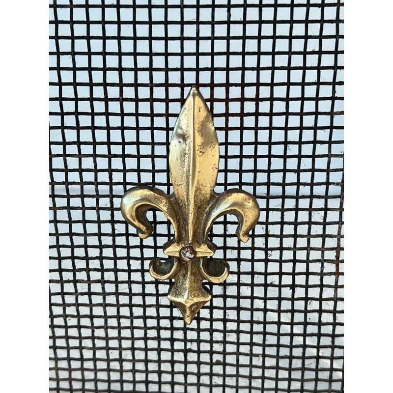 Neoclassical Style Three-Panel Expanded Steel Mesh Fireplace Screen with Brass Fleur-de-Lys. France. Circa 1940.