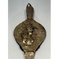 Louis XVI Style Fireplace Bellows in Embossed Brass with Female Figure. France. Circa 1900.
