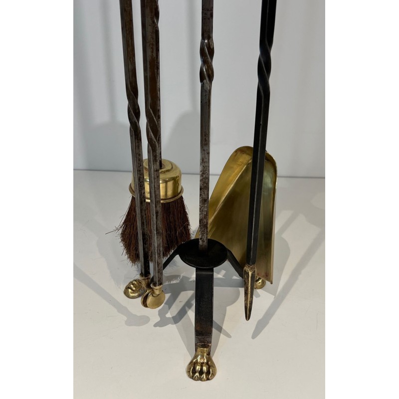 Brass and Brushed Steel Fireplace Companion Set with Claw Feet, Attributed to Maison Jansen. France. Circa 1940.